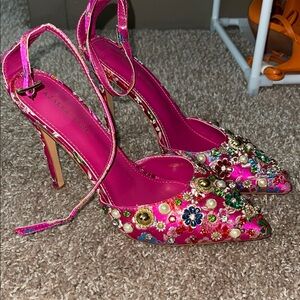 Azalea Wang Pink Embellished Pointed-Toe Heels